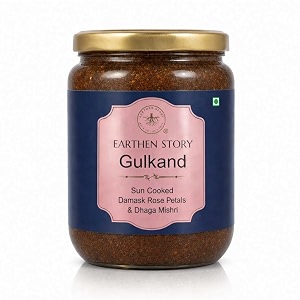 earthen story sun cooked gulkand without sugar 500gm  npop certified organic  lab tested for 290 pesticides  indian pink damask rose amp dhaga mishri  100 natural rose petal jam in glass jar