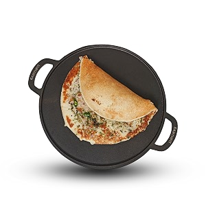 earthfit cast iron dosa tawa 123430 cm pre-seasoned  heavy duty iron tawa for dosa roti chapati amp uthappam  double handle flat tawa  gas stove amp oven compatible  black