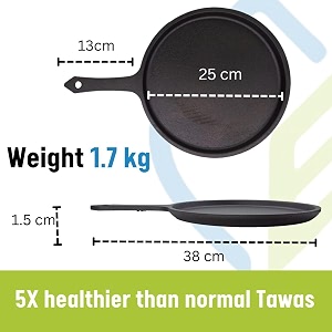 earthfit pre-seasoned cast iron dosa tawa with long handle 10-inch  25 cm ideal for dosa uthappam roti amp chapati - flat iron tawa non-stick dosa pan for versatile cooking
