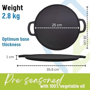 earthfit 10 inch pre-seasoned cast iron tawa  naturally non-stick flat dosa tawa with handle  ideal for roti chapati amp uthappam  durable cookware for gas stove oven amp outdoor use  black