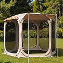 East Oak 12×12 FT Pop Up Canopy Tent with Mosquito Netting | Outdoor Screen House with 6 Sunshades | Instant Canopy with Portable Carry Bag | Gazebo Tent for Camping, Patio, Backyard and Beach | Beige