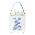 Easter Bunny Baskets, Easter Egg Hunt Bunny Bags Little Baskets with Fluffy Tail Canvas Cotton Rabbit Handbag Bucket Tote Bag for Kids Girls (Wave Pattern,Blue)
