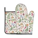 Easter Oven Mitts and Pot Holders Sets Spring Floral Oven Mitts Heat Resistant Bunny Butterfly Botanical Farmhouse Kitchen Gloves Hot Pads Two Piece Set for Cooking Baking Grilling BBQ