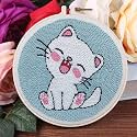 Easy Smaller Size DIY Craft Punch Needle Embroidery Kits Rug for Starter Kits with Stamped Color Pattern with Instruction,Yarn and Wood Needle Pen,15cm Hoop (White Kitten)