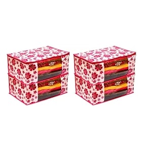 saree covers with zip  9 inch non-woven flower design wardrobe organizer clothes storage bag with transparent window saree bags for storage pack of 4 pink