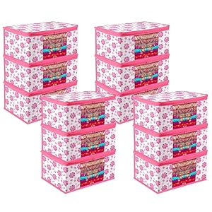 saree covers with zip  9 inch non-woven flower design wardrobe organizer clothes storage bag with transparent window saree bags for storage pack of 1 pink