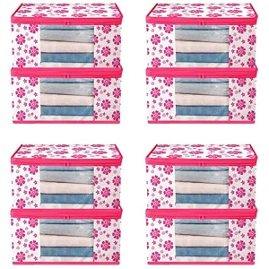 saree covers with zip  9 inch non-woven flower design wardrobe organizer clothes storage bag with transparent window saree bags for storage pack of 1 pink
