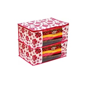 saree covers with zip  9 inch non-woven flower design wardrobe organizer clothes storage bag with transparent window saree bags for storage pack of 1 pink