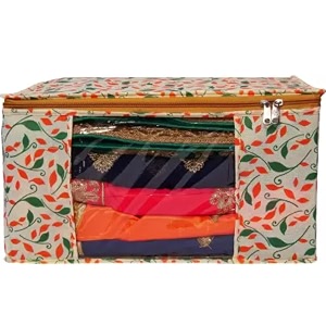 saree covers with zip  9 inch non-woven orange patti design wardrobe organizer clothes storage bag with transparent window saree bags for storage pack of 1 yellow