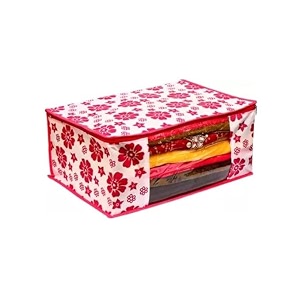 saree covers with zip  9 inch non-woven flower design wardrobe organizer clothes storage bag with transparent window saree bags for storage pack of 3 pink