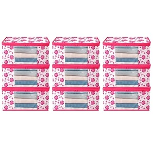 saree covers with zip  9 inch non-woven flower design wardrobe organizer clothes storage bag with transparent window saree bags for storage pack of 1 pink
