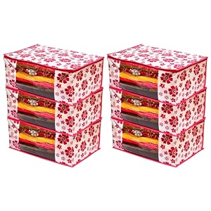 saree covers with zip  9 inch non-woven flower design wardrobe organizer clothes storage bag with transparent window saree bags for storage pack of 6 pink