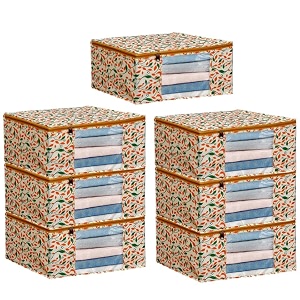 saree covers with zip  9 inch non-woven orange patti design wardrobe organizer clothes storage bag with transparent window saree bags for storage pack of 7 yellow