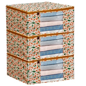 saree covers with zip  9 inch non-woven orange patti design wardrobe organizer clothes storage bag with transparent window saree bags for storage pack of 3 yellow
