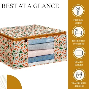 saree covers with zip  9 inch non-woven orange patti design wardrobe organizer clothes storage bag with transparent window saree bags for storage pack of 6 yellow