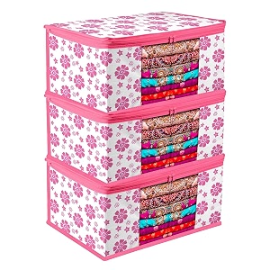 saree covers with zip  9 inch non-woven flower design wardrobe organizer clothes storage bag with transparent window saree bags for storage pack of 1 pink