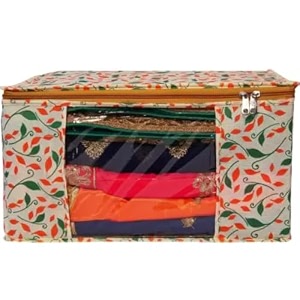 saree covers with zip  9 inch non-woven orange patti design wardrobe organizer clothes storage bag with transparent window saree bags for storage pack of 1 yellow