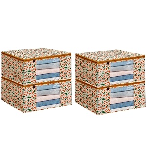 saree covers with zip  9 inch non-woven orange patti design wardrobe organizer clothes storage bag with transparent window saree bags for storage pack of 4 yellow