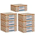 Saree Covers with Zip – 9 Inch, Non-Woven, Orange Patti Design, Wardrobe Organizer, Clothes Storage Bag with Transparent Window, Saree Bags for Storage, Pack of 7, Yellow