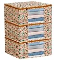 Saree Covers with Zip – 9 Inch, Non-Woven, Orange Patti Design, Wardrobe Organizer, Clothes Storage Bag with Transparent Window, Saree Bags for Storage, Pack of 3, Yellow