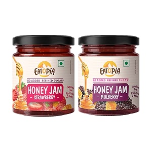 eatopia sugar free strawberry amp mulberry honey jam  100 pure amp natural  healthy jam for kids amp adults  no added flavours amp preservatives  70 real fruits  sweetness from real fruits amp honey  240g each  pack of 2  480g