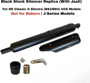 eaz silent black stock silencer replica with jaali for re bs4  challan free royal enfield classic 350 electra 350 full exhaust system mild steel