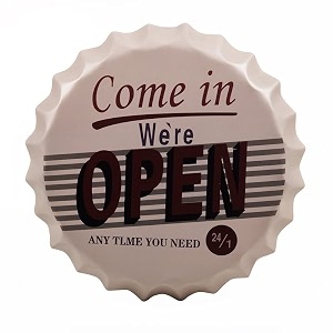 eazywagon decorative metal bottle caps wall sign plates - 14x14 inches  we are open  metal sign wall hanging bottle cap for home bar amp cafe decoration  retro amp vintage scratch look wall plaques