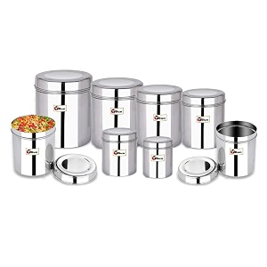 ebun stainless steel containers for kitchen  steel storage containers for kitchen  stainless steel container with lid  mirror polish steel airtight container  200 gms to 2 kgs capacity  set of 8