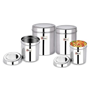 ebun stainless steel containers for kitchen  steel storage containers for kitchen  stainless steel container with lid  mirror polish steel airtight container  25 kgs to 5 kgs capacity  set of 4