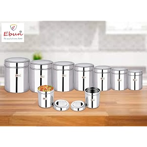 ebun stainless steel containers for kitchen  steel storage containers for kitchen  stainless steel container with lid  mirror polish steel airtight container  750 gms to 5 kgs capacity  set of 9