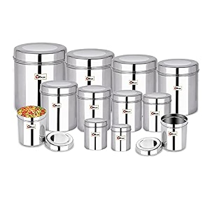 ebun stainless steel containers for kitchen  storage containers for kitchen  steel container with lid  mirror polish steel airtight container  200 gms to 5 kgs capacity  set of 12