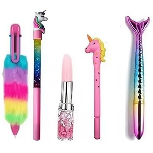 eclet 4-pc fur pen amp unicorn glitter pen gift set  lip pen uni star pen amp cute stationery combo  stylish writing set for kids amp return gifts