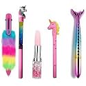 Eclet 4-Pc Fur Pen & Unicorn Glitter Pen Gift Set | Lip Pen, Uni Star Pen & Cute Stationery Combo | Stylish Writing Set for Kids & Return Gifts