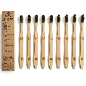 eco39n friendly bamboo toothbrush for adults  charcoal infused bpa-free bristles  emoji for easy identification  biodegradable handle  pack of 9