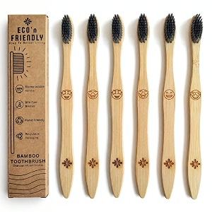 eco39n friendly bamboo toothbrush for adults  charcoal infused bpa-free bristles  emoji for easy identification  biodegradable handle  pack of 6