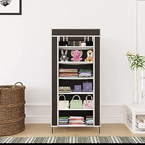 collapsible portable foldable wardrobe storage shelves organizer for clothes racks fabric almirah and shoe rack non rustable iron 6 layer brown
