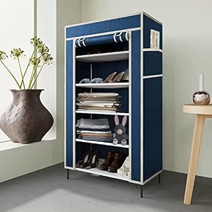 collapsible portable foldable wardrobe storage shelves organizer for clothes racks fabric almirah and shoe rack non rustable iron 5 layer maroon
