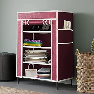 collapsible portable foldable wardrobe storage shelves organizer for clothes racks fabric almirah and shoe rack non rustable iron 4 layer blue
