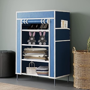 collapsible portable foldable wardrobe storage shelves organizer for clothes racks fabric almirah and shoe rack non rustable iron 4 layer blue