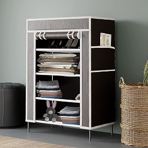collapsible portable foldable wardrobe storage shelves organizer for clothes racks fabric almirah and shoe rack non rustable iron 4 layer brown