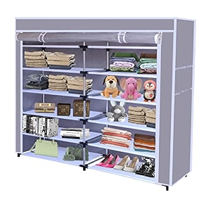 collapsible portable foldable wardrobe storage shelves organizer for clothes racks fabric almirah and shoe rack non rustable iron 12 layer maroon