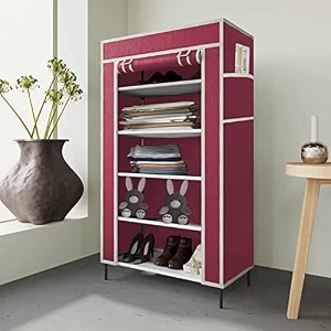 collapsible portable foldable wardrobe storage shelves organizer for clothes racks fabric almirah and shoe rack non rustable iron 5 layer maroon