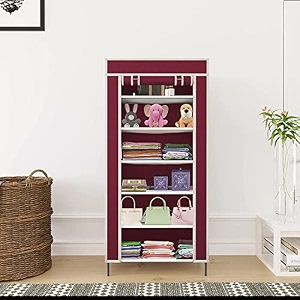 collapsible portable foldable wardrobe storage shelves organizer for clothes racks fabric almirah and shoe rack non rustable iron 6 layer brown