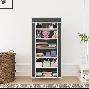 collapsible portable foldable wardrobe storage shelves organizer for clothes racks fabric almirah and shoe rack non rustable iron 6 layer grey