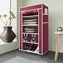 Collapsible Portable Foldable Wardrobe Storage Shelves Organizer for Clothes Racks Fabric Almirah and Shoe Rack Non Rustable Iron (5 Layer, Maroon)
