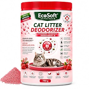 eco soft cat litter deodorizer 750gms  strawberry fragrance  odour eliminating powder  suitable for all types of litter  long lasting odour control  strong cat urine smell remover  aromatherapy