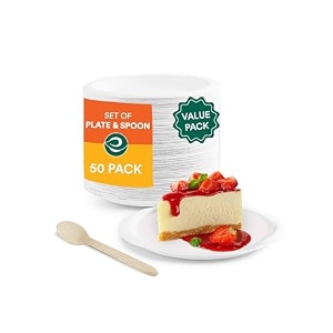 eco soul biodegradable disposable tableware set  eco-friendly and perfect for weddings birthdays and parties  includes 6 inch 15 cm round plates 160 mm birchwood spoon 50 each