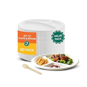 eco soul biodegradable disposable tableware seteco-friendly amp perfect for weddingsbirthdays amp partiesincludes 9 inch 23 cm 3 compartment round plate160 mm birchwood spoon 50 each - solidwhite