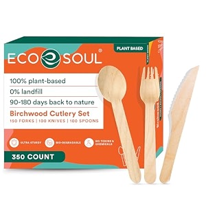 eco soul 160 mm 350-pack disposable cutlery set  birchwood wooden cutlery  eco-friendly flatware  compostable biodegradable 100 spoon 150 fork 100 knife