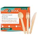 ECO SOUL [160 mm, 350-Pack] Disposable Cutlery Set | Birchwood Wooden Cutlery | Eco-friendly Flatware | Compostable, Biodegradable (100 Spoon, 150 Fork, 100 Knife)